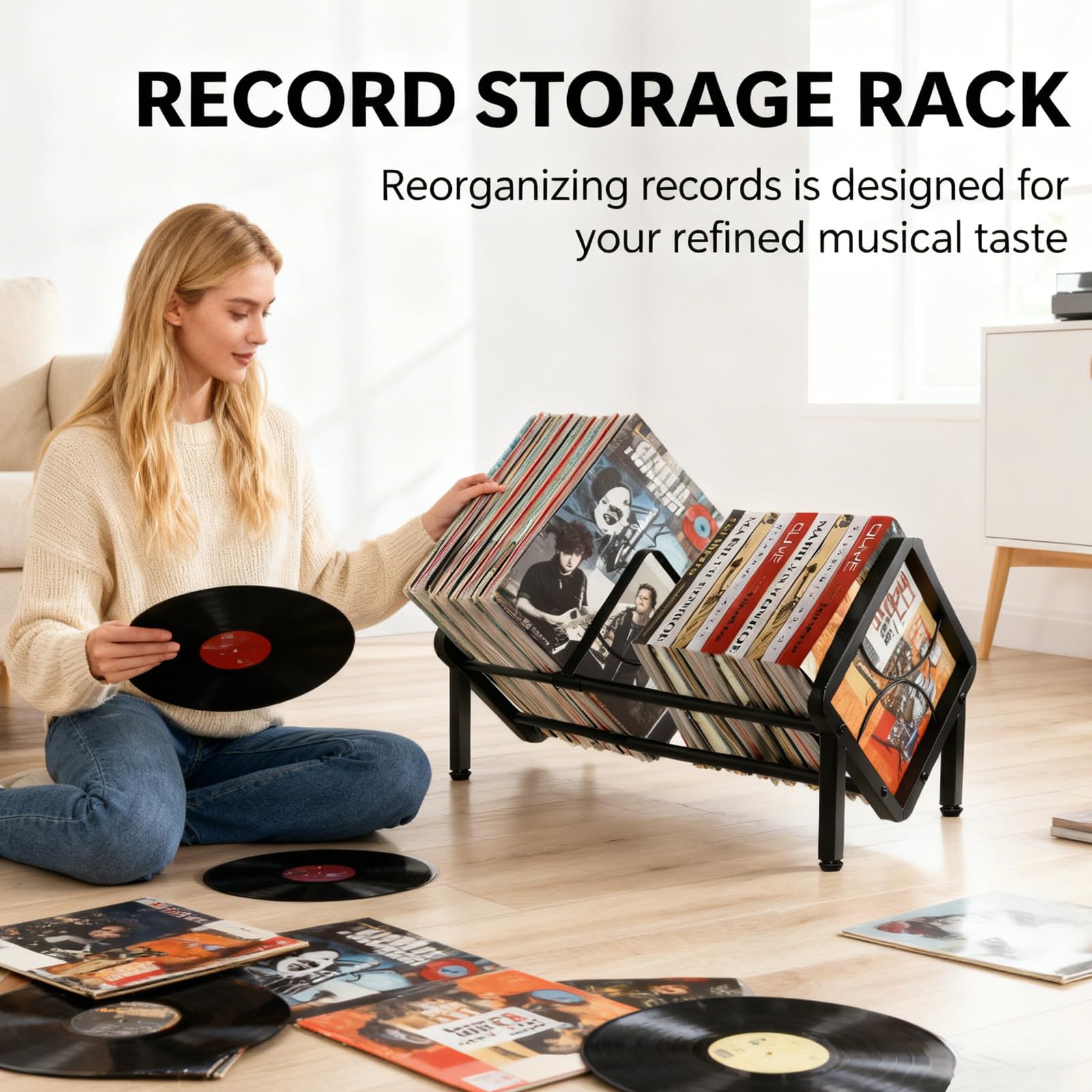 Scaffale regolabile per dischi in vinile, espandibile da 80 a 100 LP, supporto per dischi in vinile, inclinabile, per ufficio, casa, camera da letto, per CD, libri, riviste, documenti