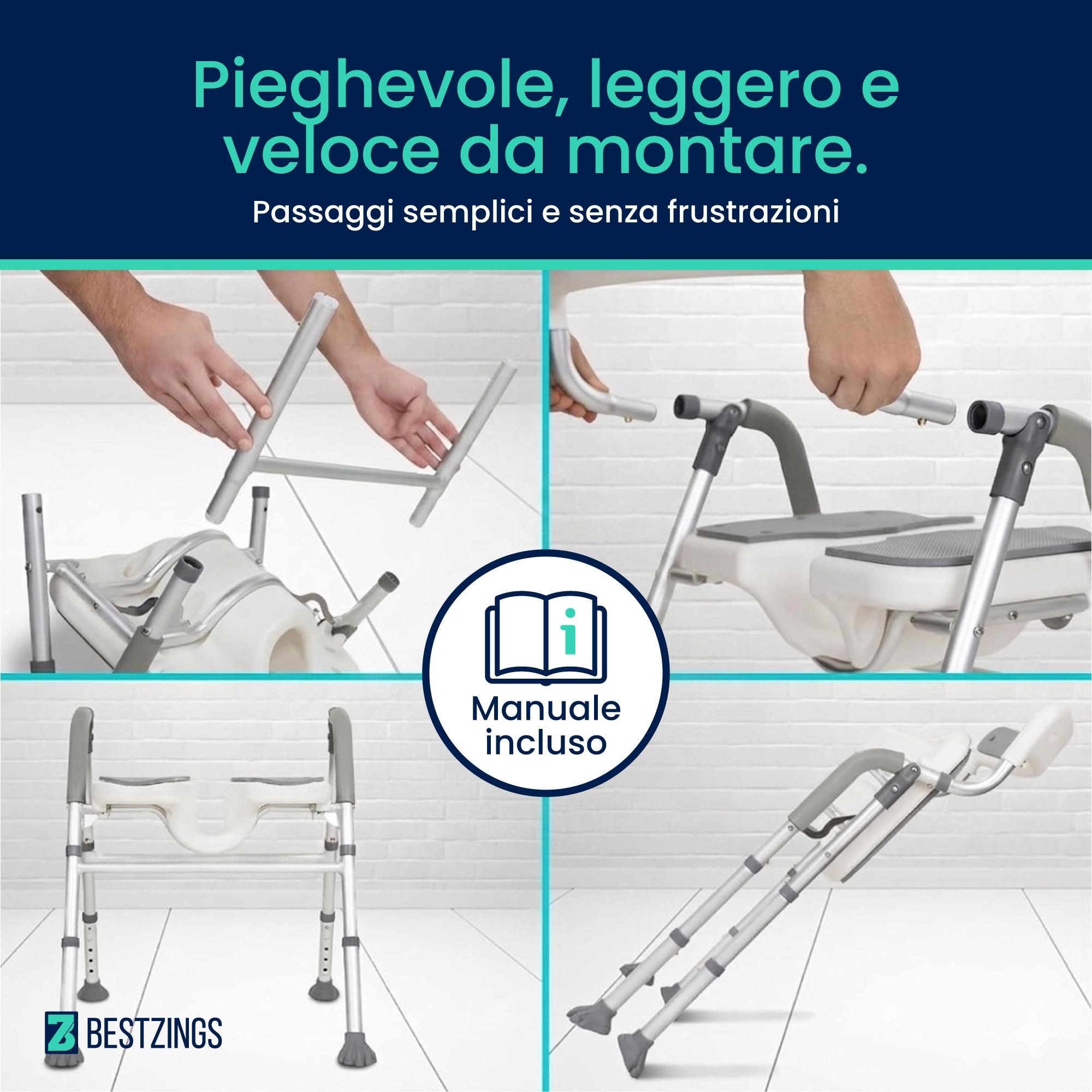 Sedia Doccia Anziani e Disabili, Sedia per Doccia e Sedia da Doccia Pieghevole, Seggiolino Doccia, Sedile per Doccia, Sgabello Doccia Regolabile con Schienale, 100 kg