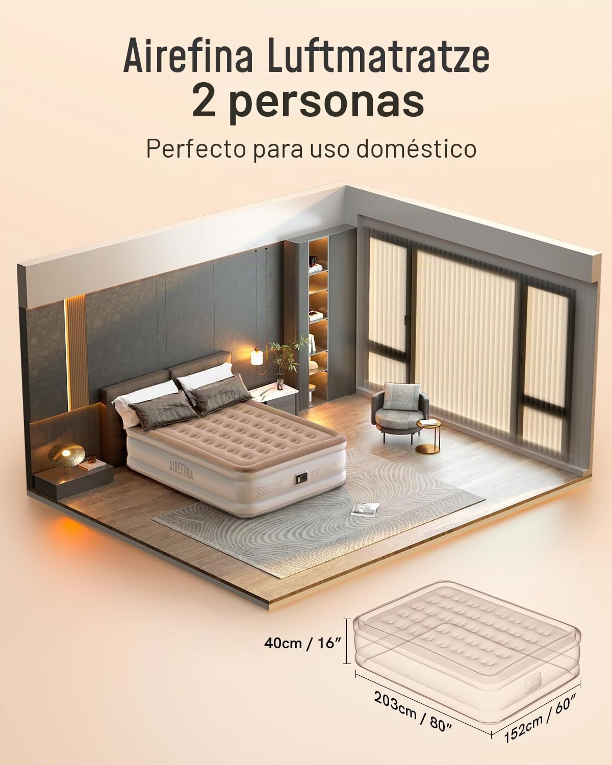 Airefina Colchón Hinchable con Bomba Integrada, Premium Colchon Hinchable, Hinchado Rápido en 3 Minutos, Colchón Inflable Matrimonio para Uso en Casa de Camping-152 x 203 x 40 cm