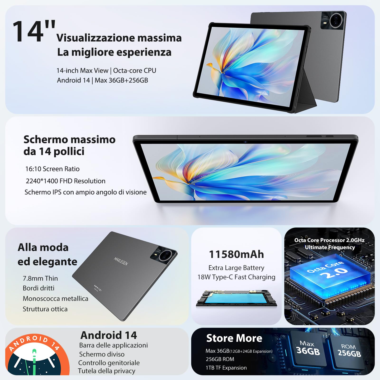 MAXLEGEN Android 14 Tablet, Display 14 Pollici 2,5K Incell, 36GB RAM+256GB ROM(TF 1TB), 4G LTE+5G WiFi Tablet con Octa Core/4 altoparlanti/11580 mAh/BT5.0/GMS/GPS, Tab Pen/custodia/auricolare Inclusa