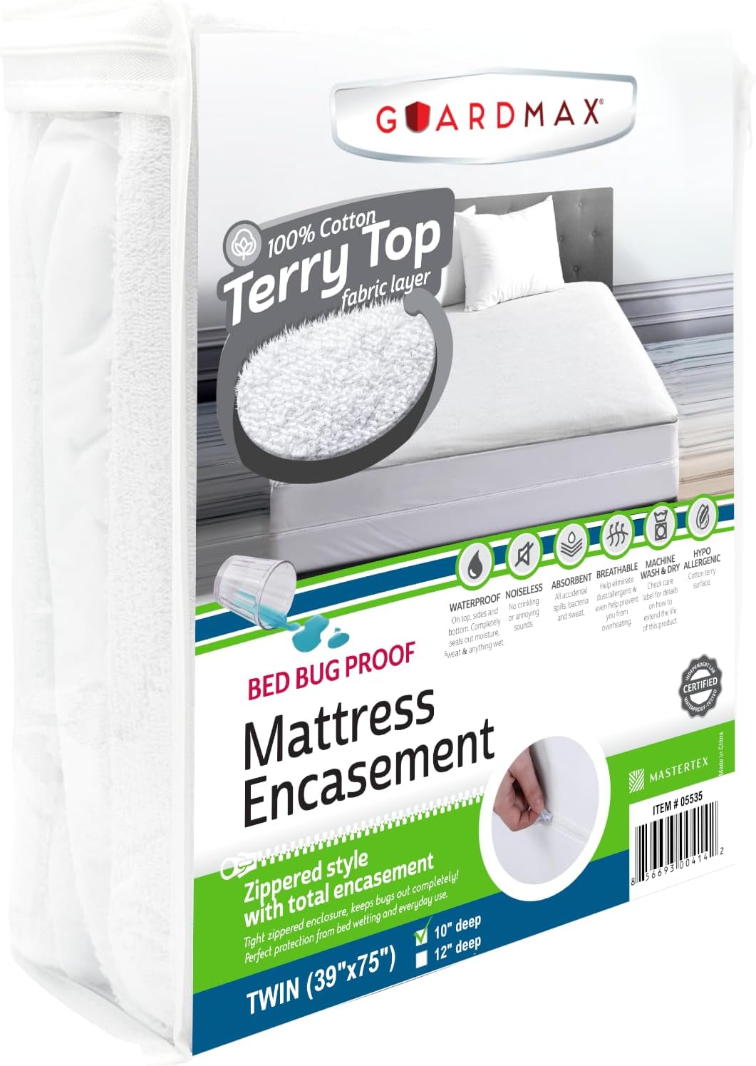 Guardmax Terry Cotton Zippered Mattress Encasement - Twin Size - 100% Waterproof and Bed Bug Proof Mattress Protector - Absorbent Six-Sided Mattress Cover (Terry Cotton, Twin)
