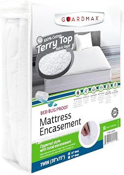 Guardmax Twin Mattress Encasement Zippered, 100% Waterproof Mattress Protector, Soft & Absorbent Cotton Terry Top Mattress Cover for Kids, Adults, Pets, Bed Bug & Dust Mite Proof Bed Cover White