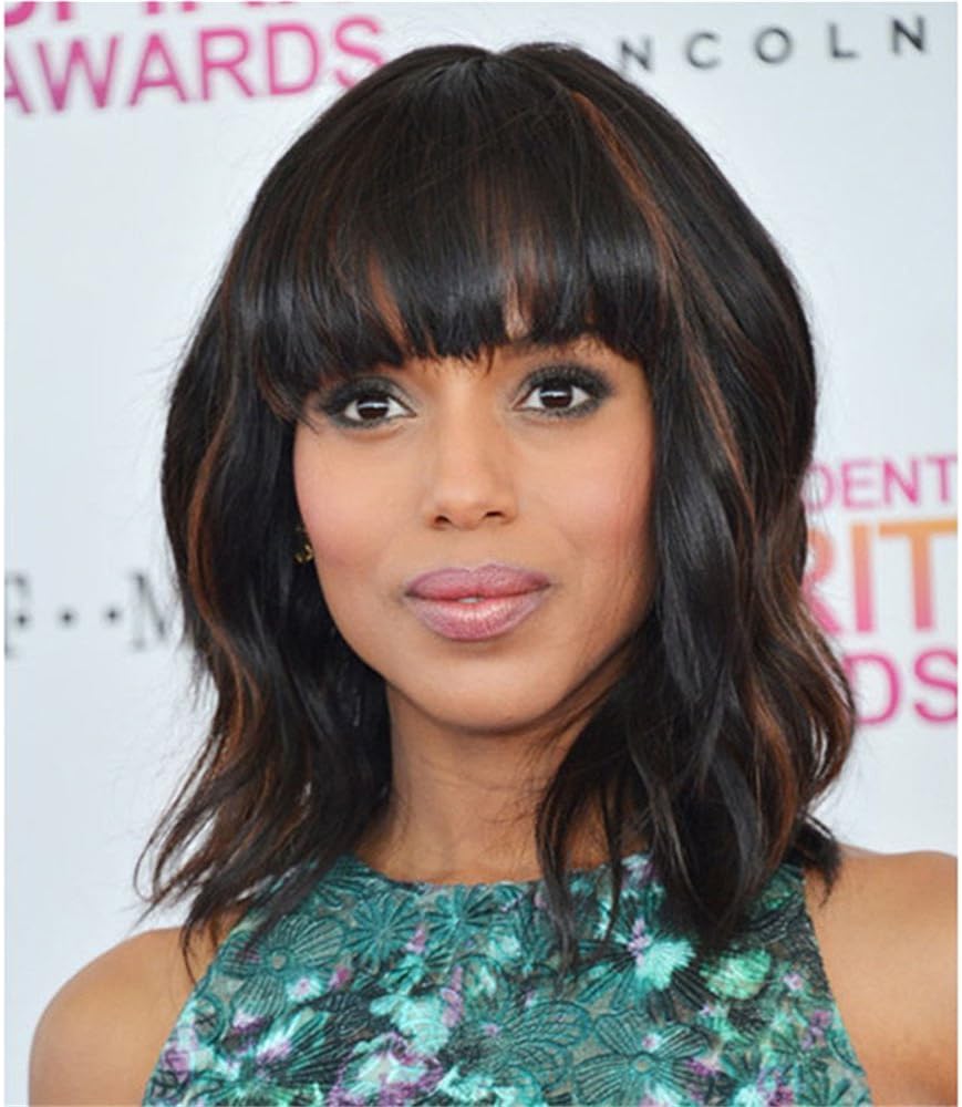 Fashion Short Wavy Wigs With Flat Bangs Natural Black Synthetic Full Wigs For Women None Lace Wigs That Look Real Heat Resistant +Free Wig Cap (Black Mix Brown)