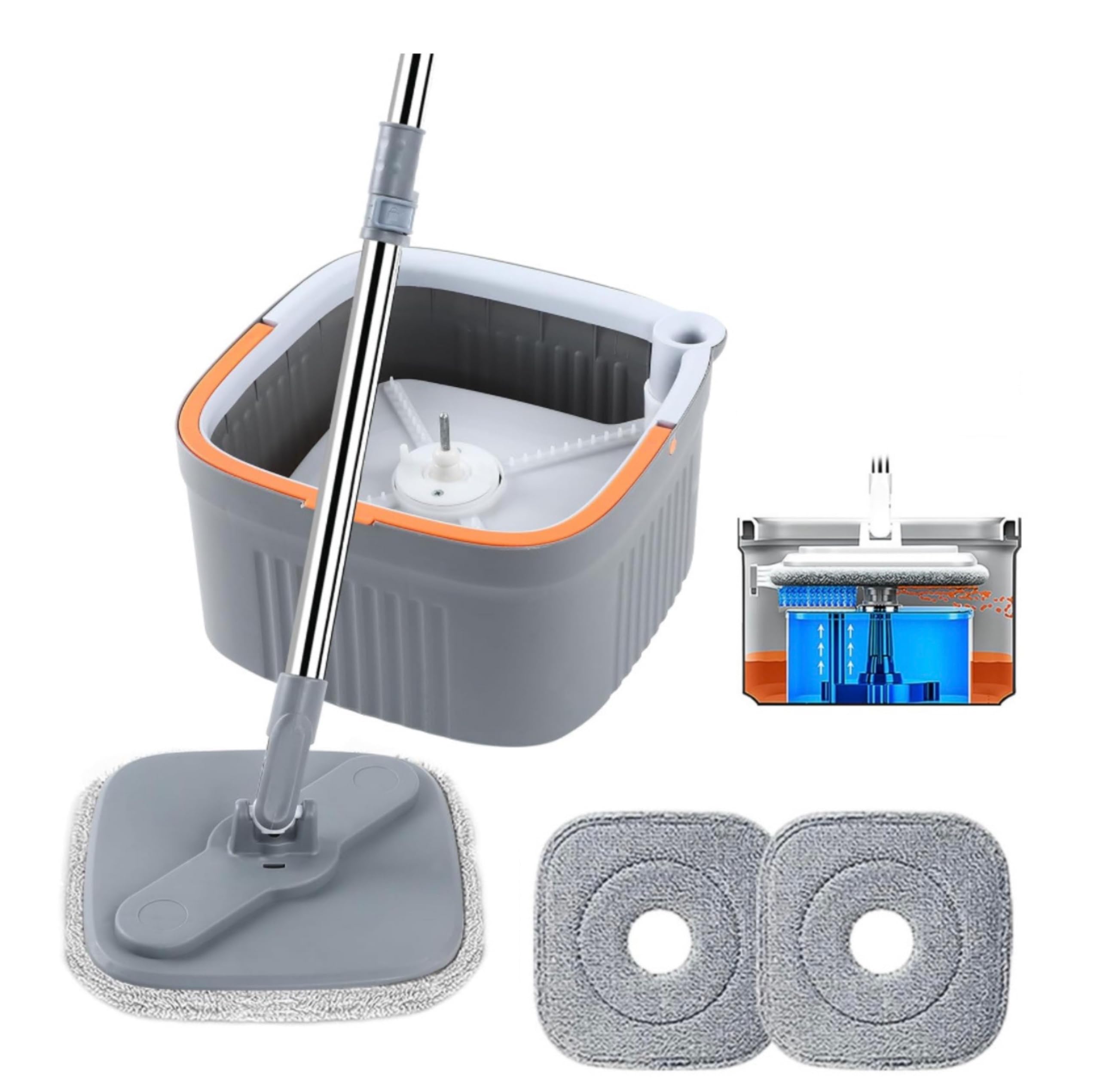 Mopa giratoria cuadrada M16 de autolavado: cabezal giratorio de 360 grados, agua limpia y sucia, uso húmedo y seco, juego completo con cubo y escurridor para una limpieza sin esfuerzo. Mopa y tanque