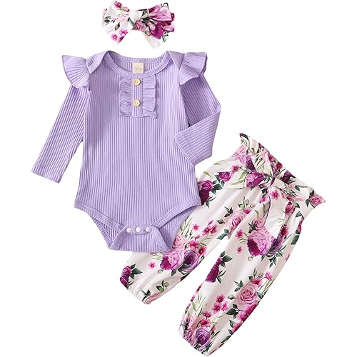 Newborn Baby Girl Clothes Ribbed Ruffled Romper+Striped/Cow/Leopard Flared Pants Infant Outifts 0-18 Months