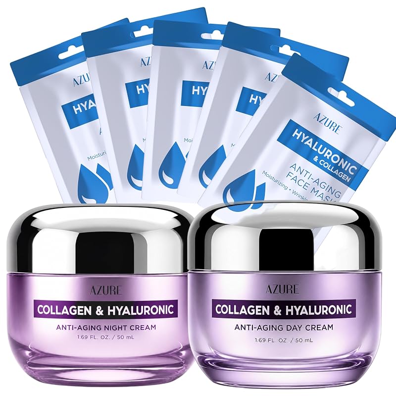 Azure Cosmetics Conjunto de Cuidados Faciais com Ácido Hialurônico e Colágeno, Creme Diurno, Creme Noturno e Máscara de Tecido, 3 peças