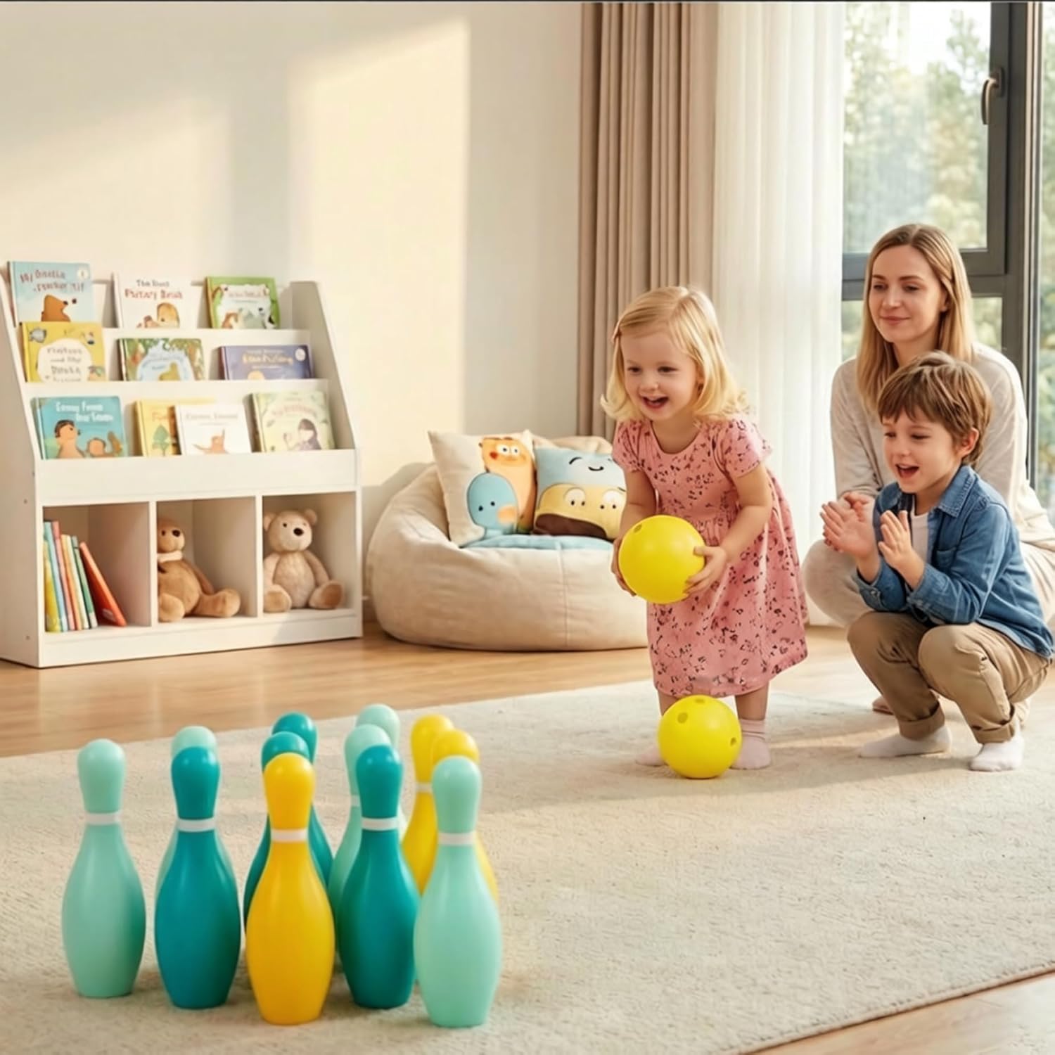 Kids Bowling Set, 10 Pins & 2 Balls Indoor Outdoor Sports Toys, Plastic Bowling Games with Easy-Knock Pins for Hand-Eye Coordination