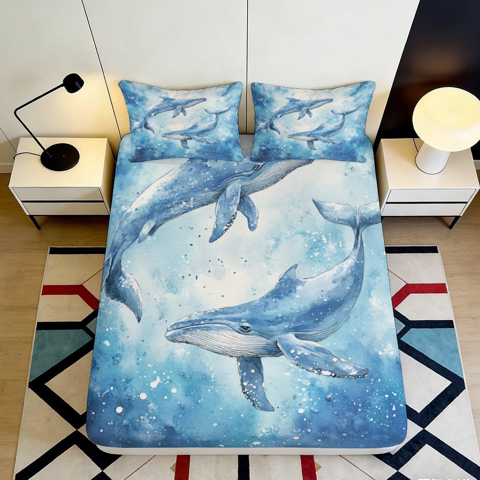 3D Printed Whale Pattern Fitted Sheet Microfiber Non-Slip Full Wrap Bedroom Bedding Whale Mattress Fitted Cover Deep Pocket Washable 200x200x25cm