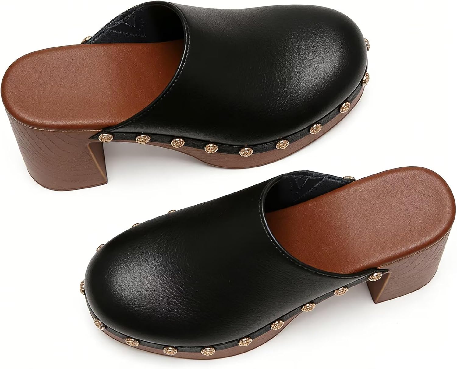 Agodor Fashion Studded Platform Wooden Clogs Mules–Chunky Heel Slip‑On Clogs Studs Round Toe Heeled Sandals, Comfortable Summer Slides