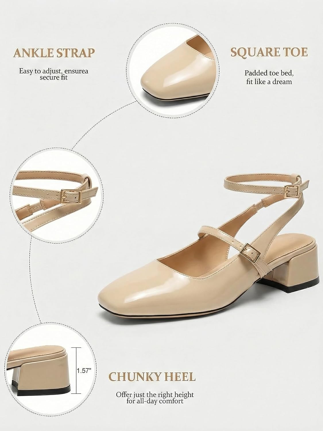 Womens Square Toe Mary Jane Pumps Chunky Low Heels Ankle Strap Slingback Wedding Party Dress Shoes - Image 6