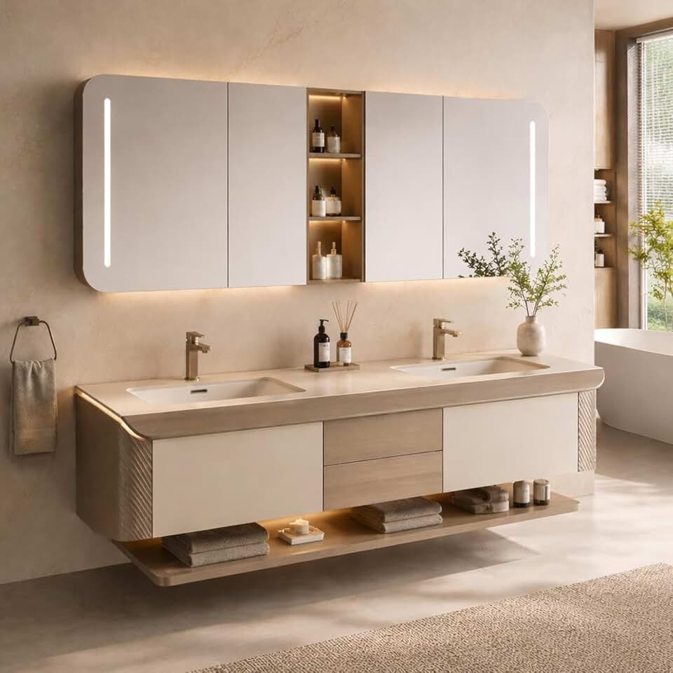 104 in Double-Sink Floating Bathroom Vanity with LED Mirror Cabinet