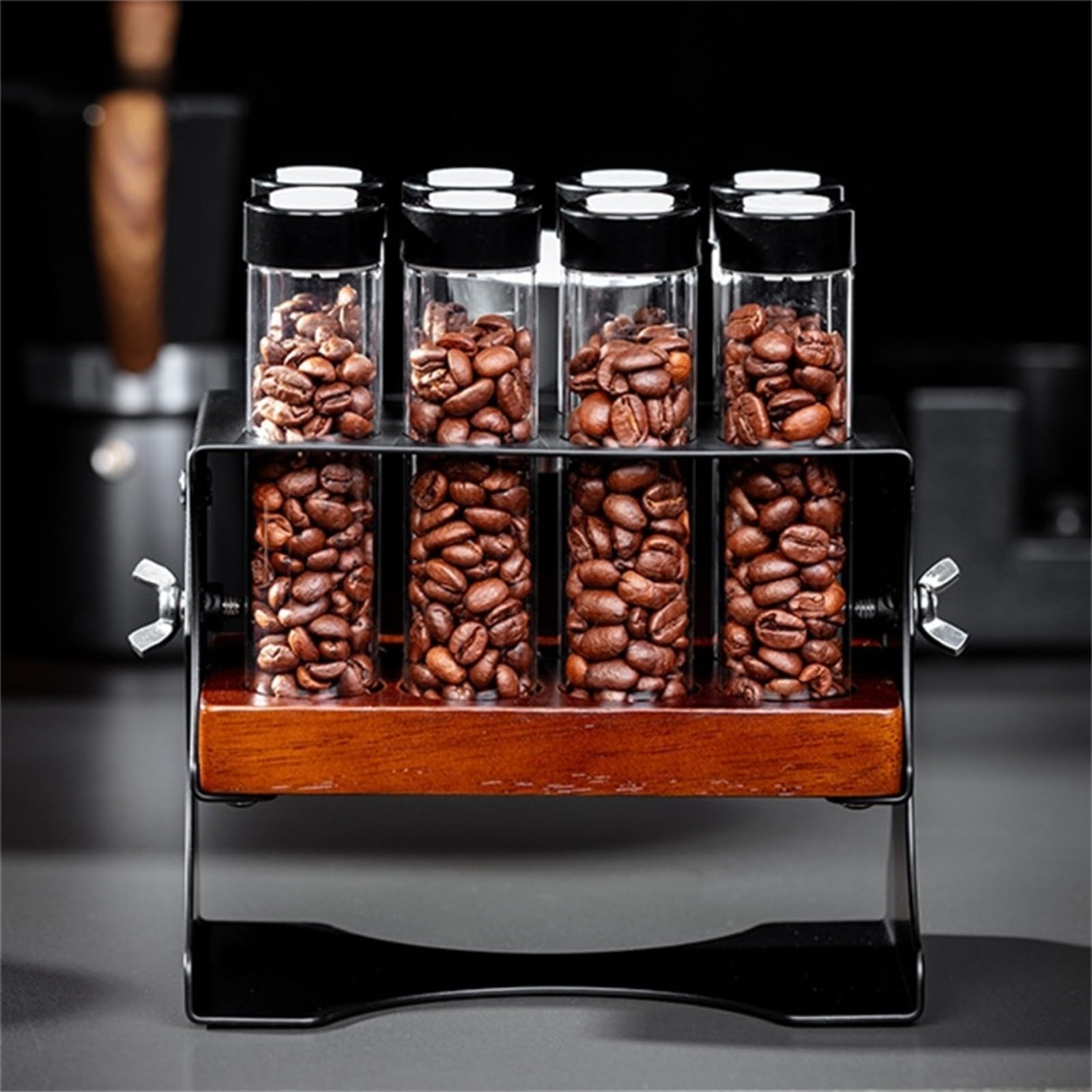 Kaffeebohnen Aufbewahrungsstnder Mit 8 Glasrhren, Einweg-Auslassventil Für Frische, Massivholz-Basis, Inkl. für trichter, Luftdichtes Organizer-Display Für Küche Und Bar, Schwarz