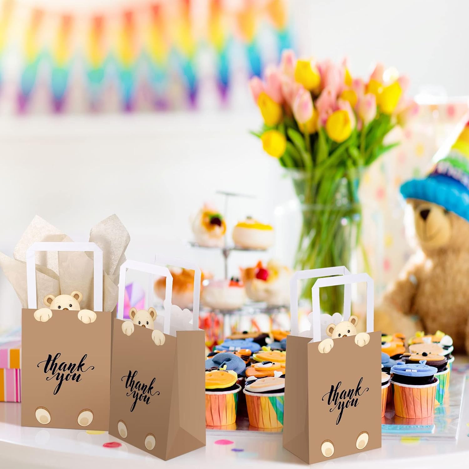 Eersida 16 Pcs Bear Thank You Gift Bags with Tissue Handles Baby Shower Bear Birthday Decorations Thank You Paper Bags Brown Candy Treat Supplies for Guests Wedding Prizes School Party Supplies