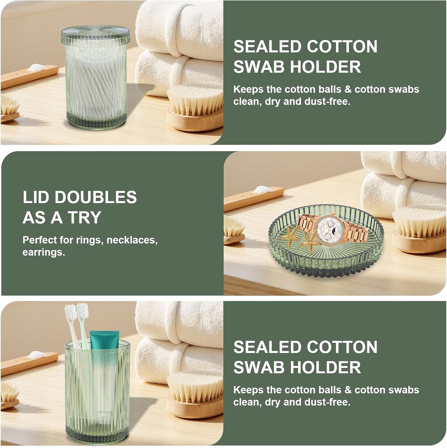 Green Glass Bathroom Accessories Set,Soap Dispenser,Toothbrush Holder,Tray
