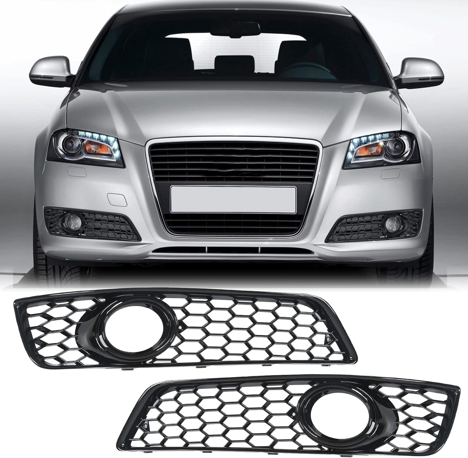 Mesh Style Front Bumper Car Fog Light Cover Vent Grille Grill Bezel Glossy Black Fog Lamp Cover Trim 8P0807682D for 8P 2009‑2013