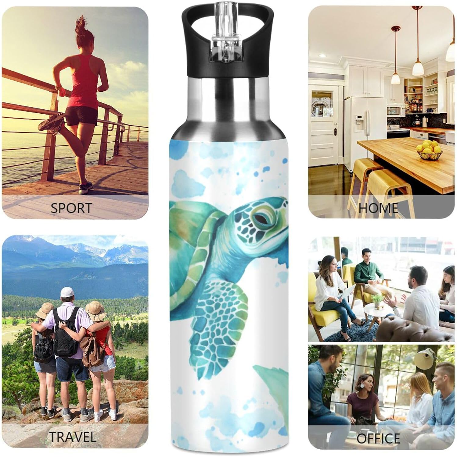 Sea Turtles Teal Water Bottle with Straw Lid Kids Insulated Stainless Steel Water Flask Sports, 20 Oz Hot Cold - Image 6