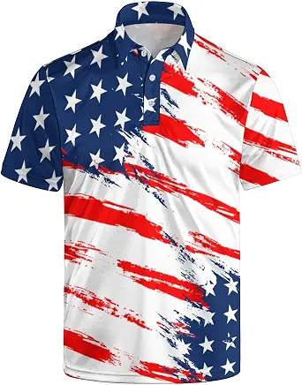 Golf Polo Shirts for Men with American Flag Print, Quick Dry, Moisture Wicking, Short Sleeve Performance Polo