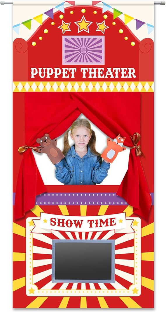 Doorway Puppet Theater with 2 Adjustable Rods 31x67 In Red Yellow Foldable Hanging Puppet Show Theater for Kids Pretend Play Hand Puppets Educational Kids Activities Toys Easy to Set Up Put Away