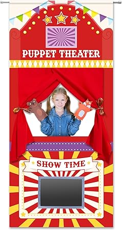 Doorway Puppet Theater with 2 Adjustable Rods 31x67 In Red Yellow Foldable Hanging Puppet Show Theater for Kids Pretend Play Hand Puppets Educational Kids Activities Toys Easy to Set Up Put Away