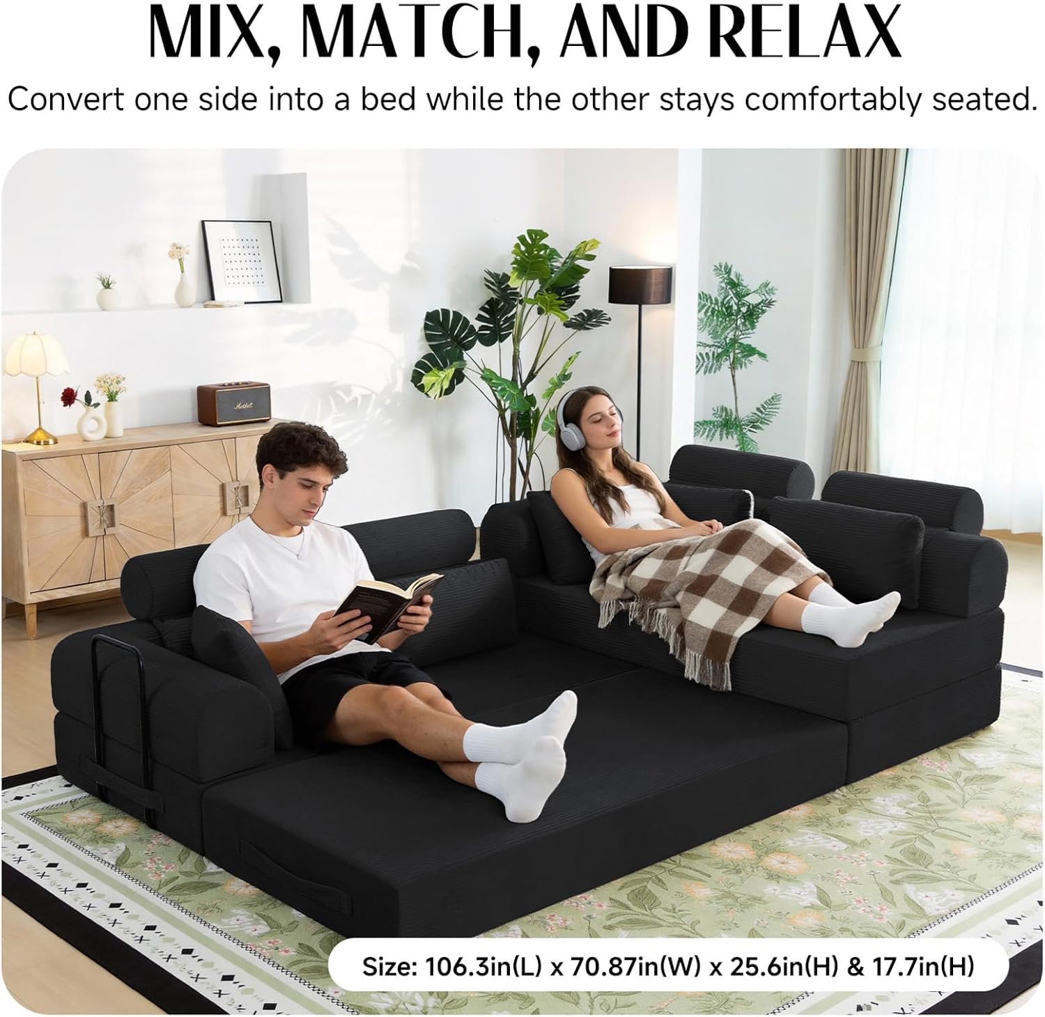 106'' L-Shaped Modular Sofa Bed, 5-in-1 Convertible Sectional Couch with Corduroy, Oversized Floor Lounger & Pull-Out Sleeper, Lumbar Support, Living Room/Gaming Room (Black)