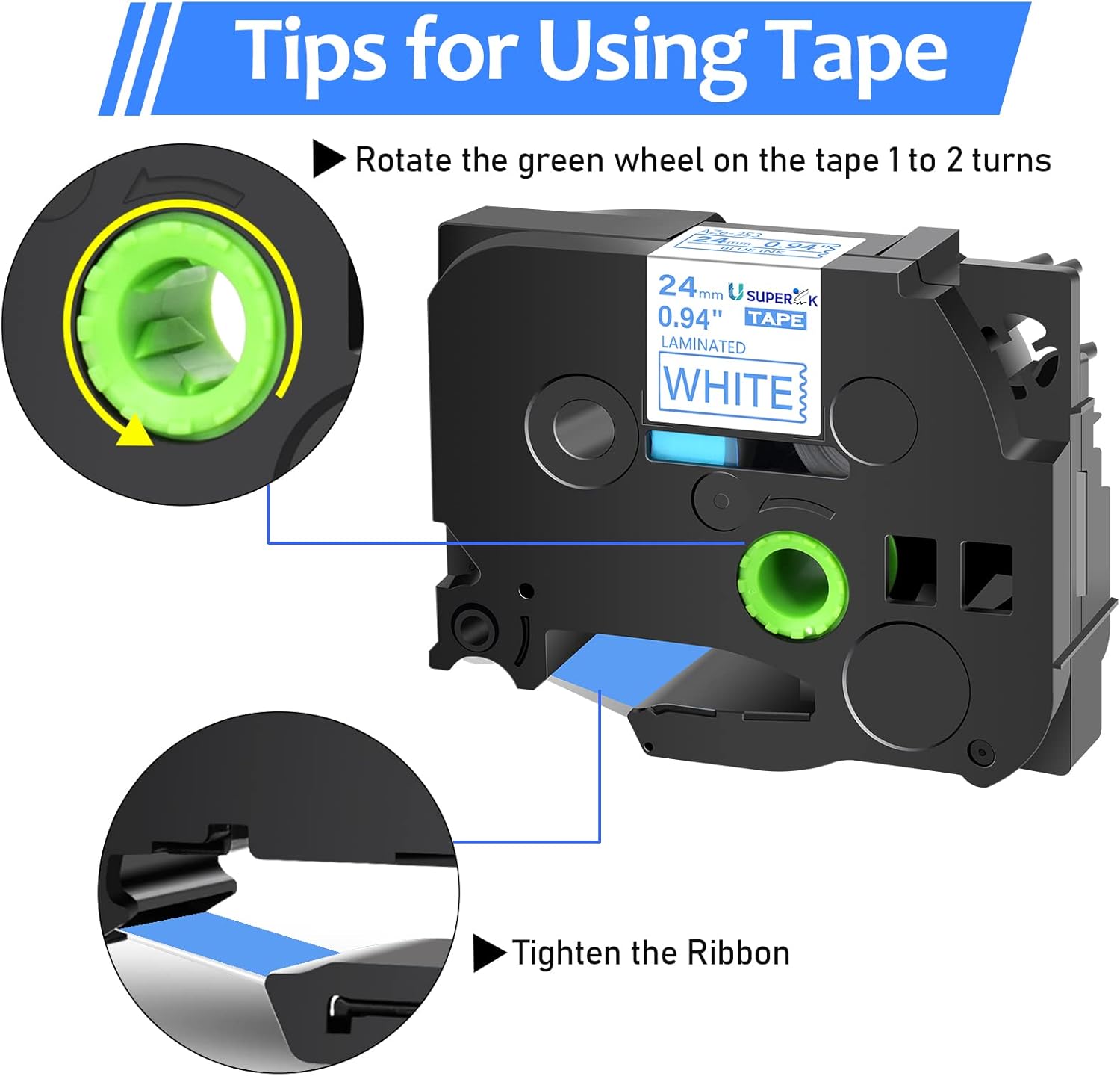 USUPERINK 10PK Compatible for Brother P-Touch Label Maker Tape TZe-253 TZ-253 TZe253 TZ253 Blue on White 24mm 0.94 inch 1'' x 26.2ft Laminated TZe TZ Label Tape for PT-7600 PT-9200DX PT-9200PC 9400