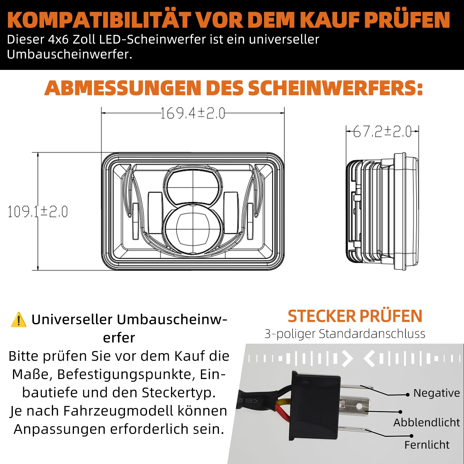 E-geprüfter 4x6 Zoll LED Motorrad Scheinwerfer 160x100 mm, Universal Umbauscheinwerfer, Fern- & Abblendlicht, 3-poliger Anschluss, IP67, passend für Kawasaki Suzuki Yamaha Honda