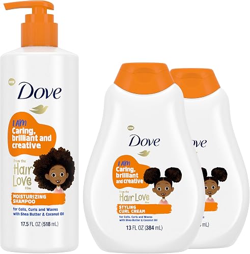 Dove Kids Moisturizing Shampoo + Styling Curl Cream Twin Pack – “Hair Love” Curly Hair Products for Kids, Coconut Cookie Scent (3 Piece Set)