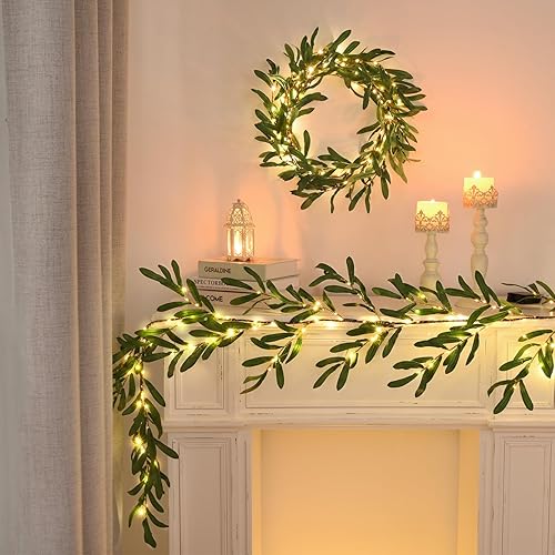 Miniatura 5 de Waipfaru Guirnalda de olivo de Navidad con luces, guirnalda de mantel iluminada de 6 pies con temporizador, guirnalda de ramitas artificiales de