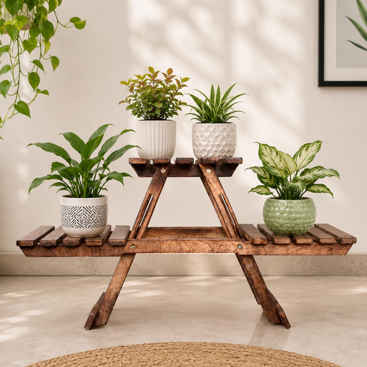 UNHO Wooden Multi-Tier Plant Stand – Corner Shelf Rack For Indoor/Outdoor Use