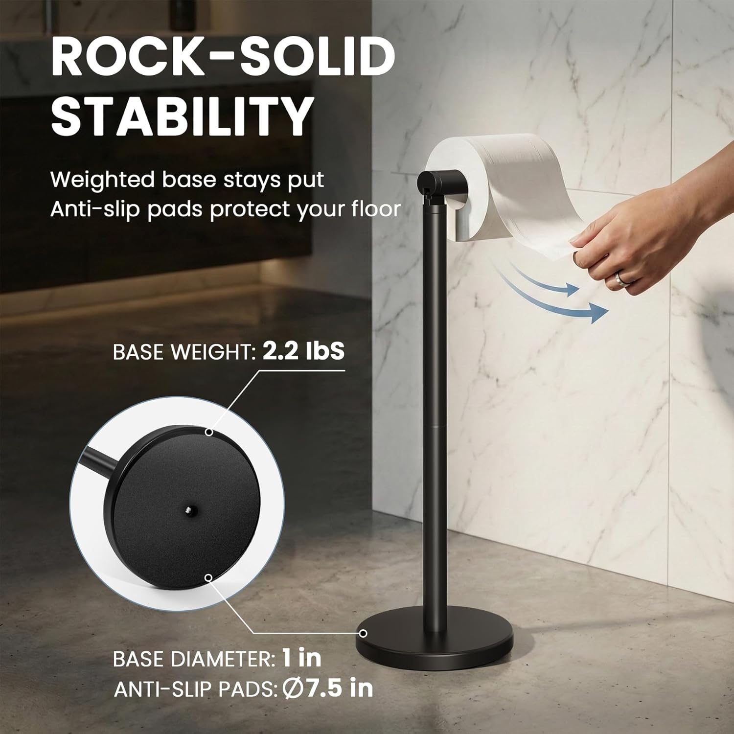 Cesun Toilet Paper Holder Stand Free Standing, Black Toilet Paper Storage with Heavy Weighted Base, Bathroom Stainless Steel Toilet Paper Roll Holder, Non-Slip, Matte Black