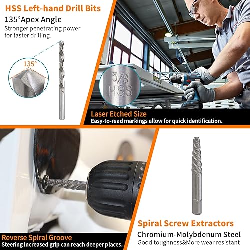 Miniatura 5 de REBRA Juego de 31 extractores de tornillos y pernos y kit de brocas para mano izquierda, extractores de múltiples líneas, herramienta de enchufe