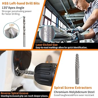 Screw Extractor and Left-Hand Drill Bit Set, Easy Out Broken Bolt Remover Reverse Cobalt HSS Steel Drill Kit, Ez Out Stripped, Rounded-Off, Damaged Bolts, Screws&Studs Removal Tool (26-Pieces)