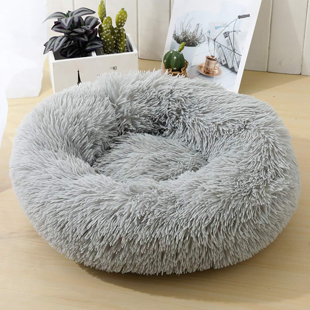 Toneed Donut Dog Bed Calming Cat Bedding Soft Fluffy Fur Beds Cozy Cuddler Kennel Pet Bed for Puppy Sleeping and Rest, Round 23",Grey