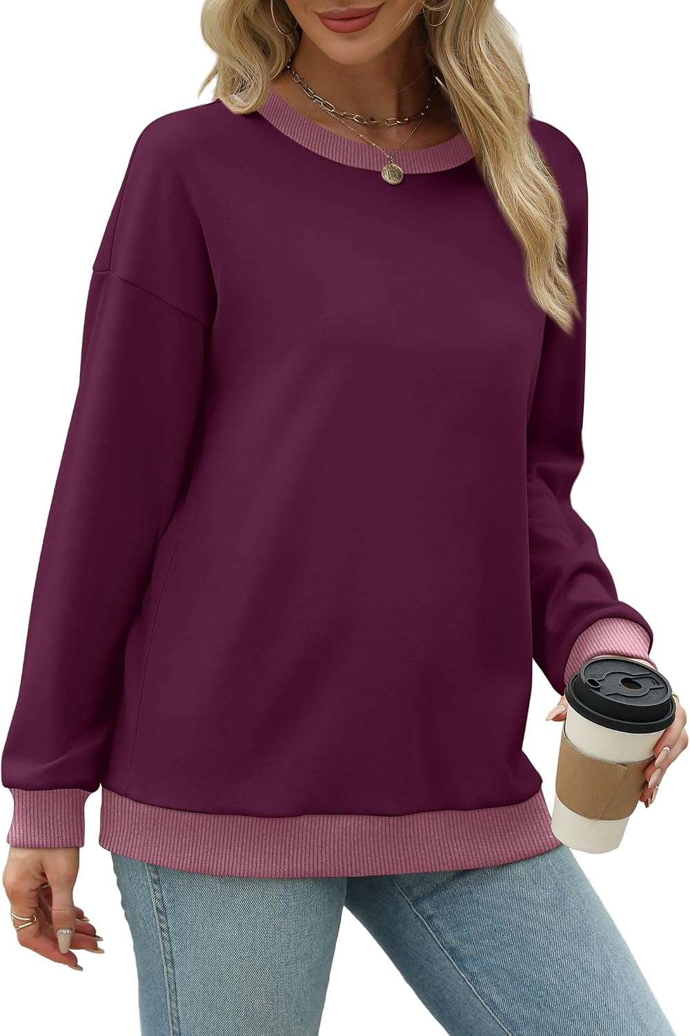 Saloogoe Sweatshirts for Women Crewneck Long Sleeve Loose Fit Tops Color Block Ribbed Trim Fashion 2025 image 4