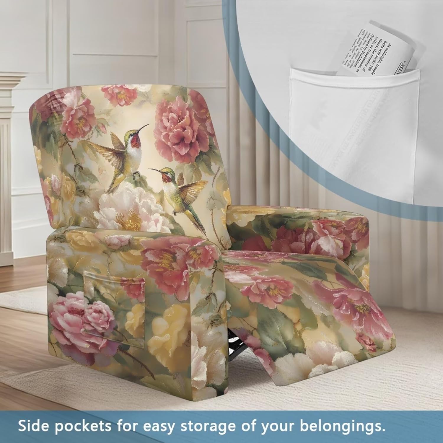 Hummingbird Peony Flower Print Recliner Slipcover Stretchy Reclining Chair Cover with Pocket Non-Slip Sofa Couch Covers 4 Pack Furniture Protective Elastic Covers