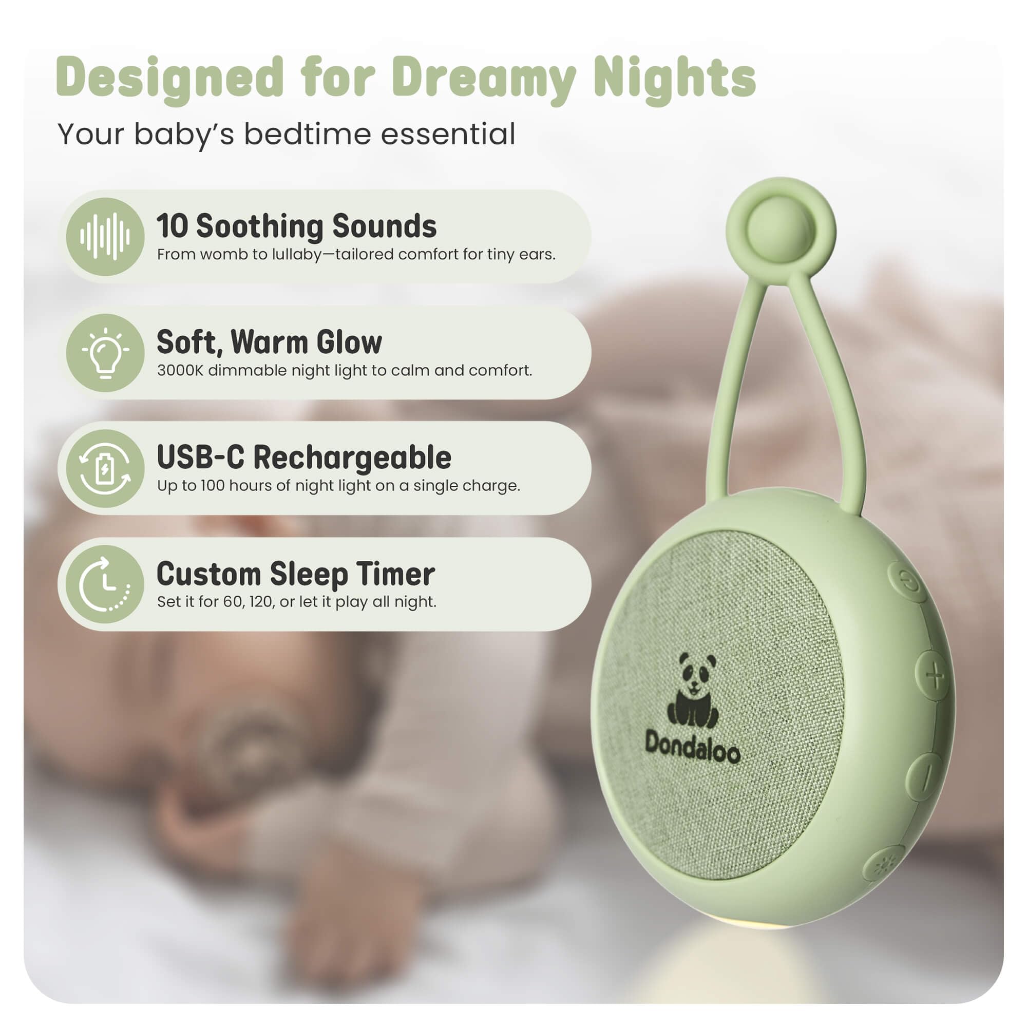 Tragbare White Noise Machine für Baby & Kinder - Soundmaschine mit 10 ausgewählten beruhigenden Sounds, Nachtlicht, Auto-Off-Timer, Lautstärkeregler, USB-C wiederaufladbar, Kindergarten