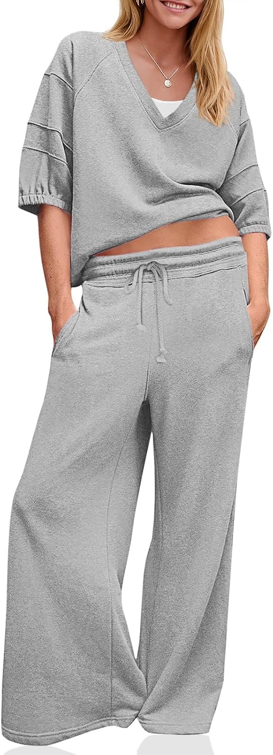 Fisoew Womens 2 Piece Outfits Casual V Neck Shirts Wide Leg Running Long Pants Loose Workout Tracksuit Sets