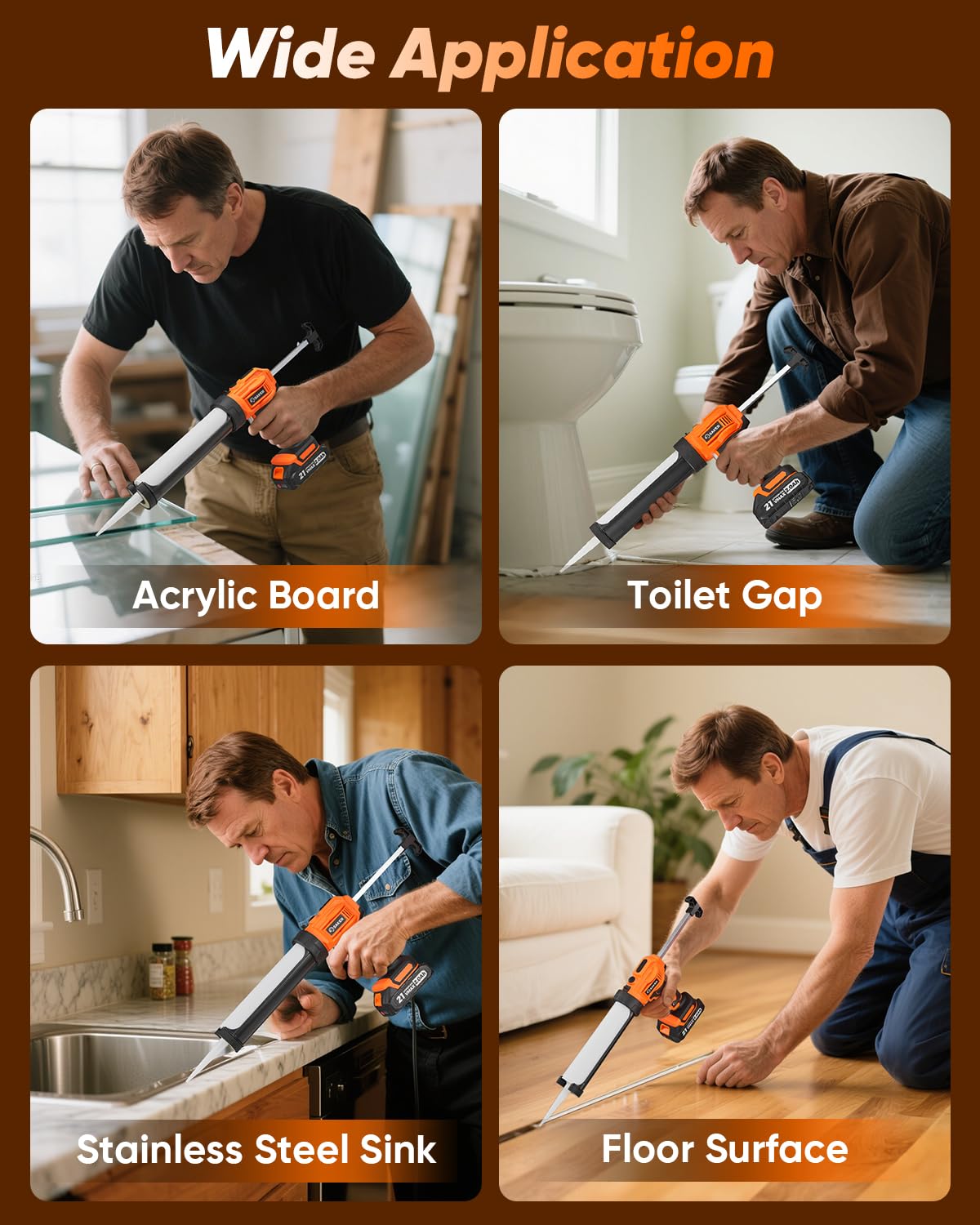 Saker Cordless Electric Caulk Gun with LED Light & 2 Batteries + 3-in-1 Silicone Caulking Tools Set, Drip-Free Caulking Gun Kit with Adjustable Speeds, Caulk Remover & Finishing Scraper