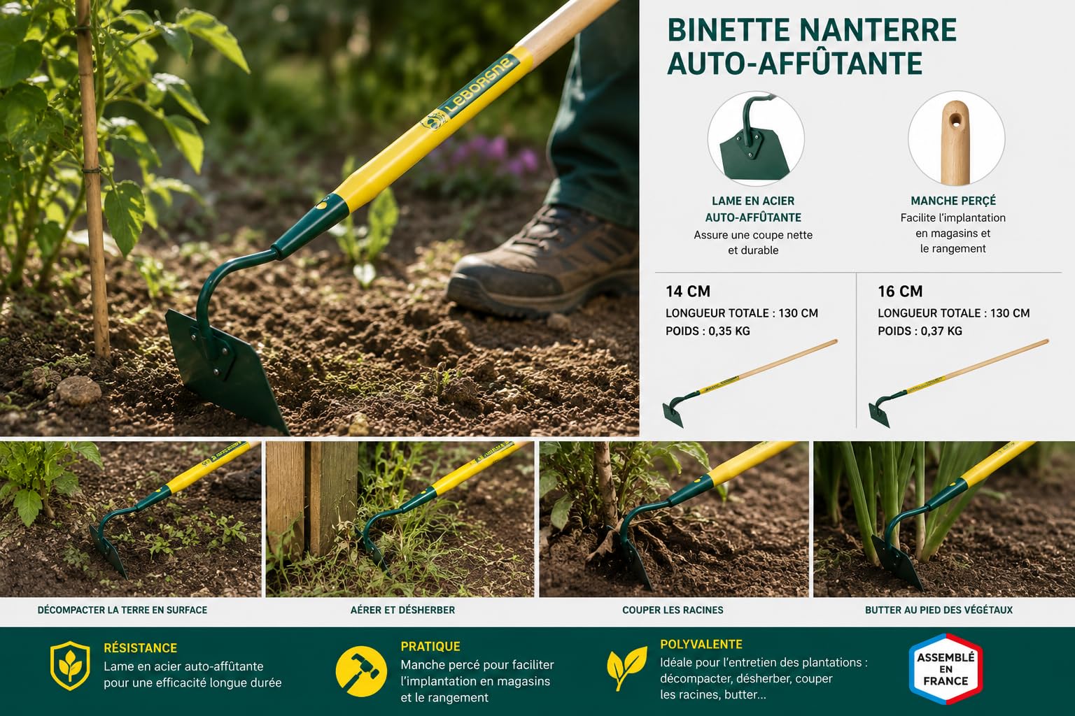 Leborgne, Binette Nanterre auto-affûtante 16cm, manche bois percé certifié PEFC 100% (130cm), Lame en acier auto-affûtante, Manches percés, Pour l’entretien des plantations