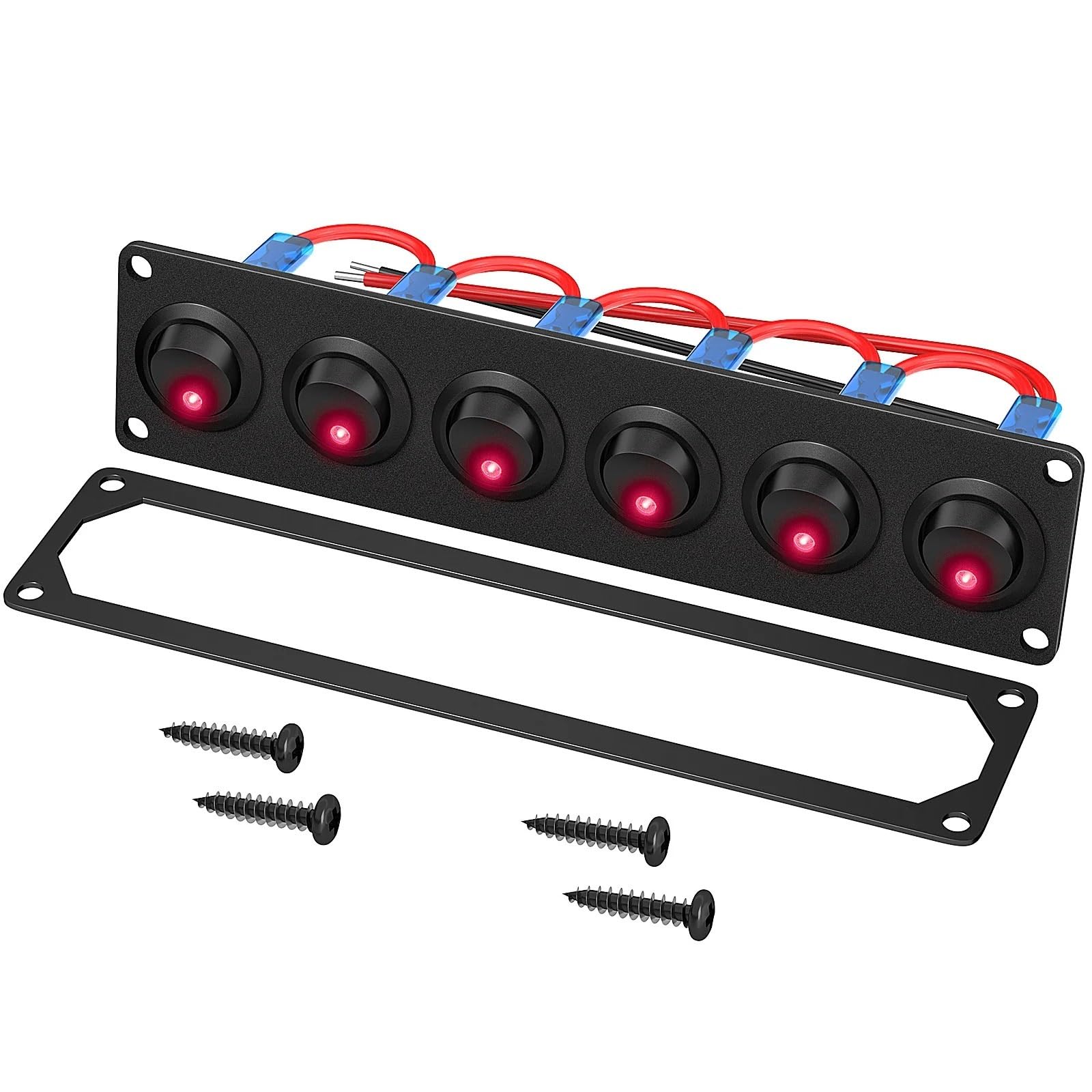 Panel de interruptor de 6 bandas, Panel de interruptor de luz basculante de 12V, 3 pines, 12 VDC, 20A, interruptor de encendido y apagado SPST for barco marino, coche y camión(Red Switch Panel)