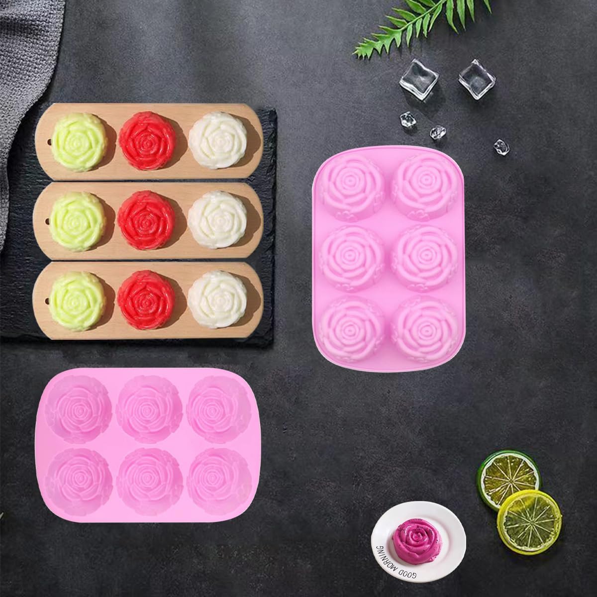 Silicone Rose Molds - 6 Cavity Silicone Flower Mold, Non-Stick Large Rose Chocolate Molds, Great for Ice Cube Tray, Candy Mold, Resin Mold, Handmade Soap Mold (3Pcs)