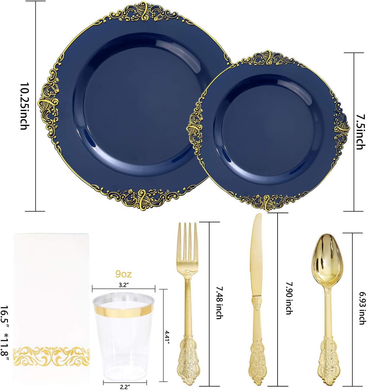Nervure 175PCS Blue Plastic Plates - Gold Plastic Plates 100PCS White and Gold Paper Napkins - Disposable Napkins Built