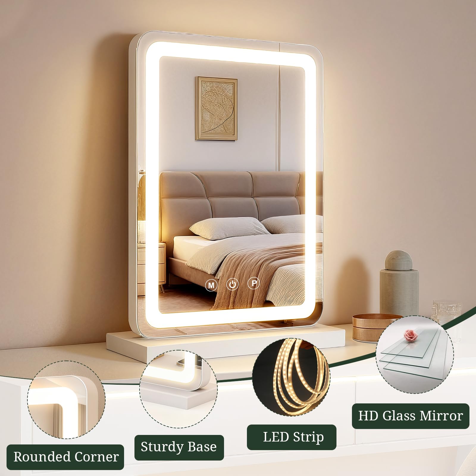 Lusterko do makijażu LED z oświetleniem 33 x 43 cm z funkcją ściemniania, 3 kolory, inteligentne sterowanie dotykowe, funkcja pamięci, podświetlane lustro stołowe do