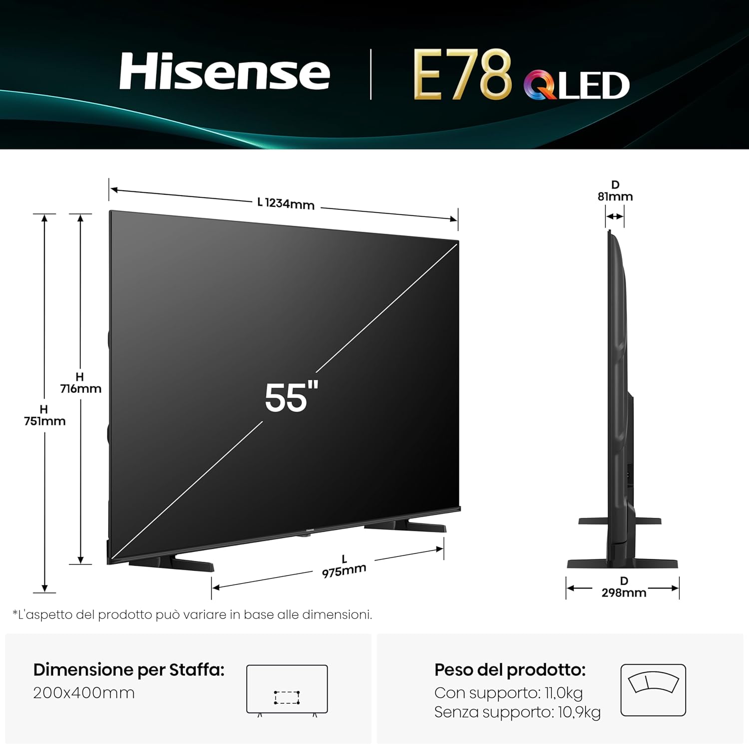 Dimenzije Hisense 55E78Q televizora