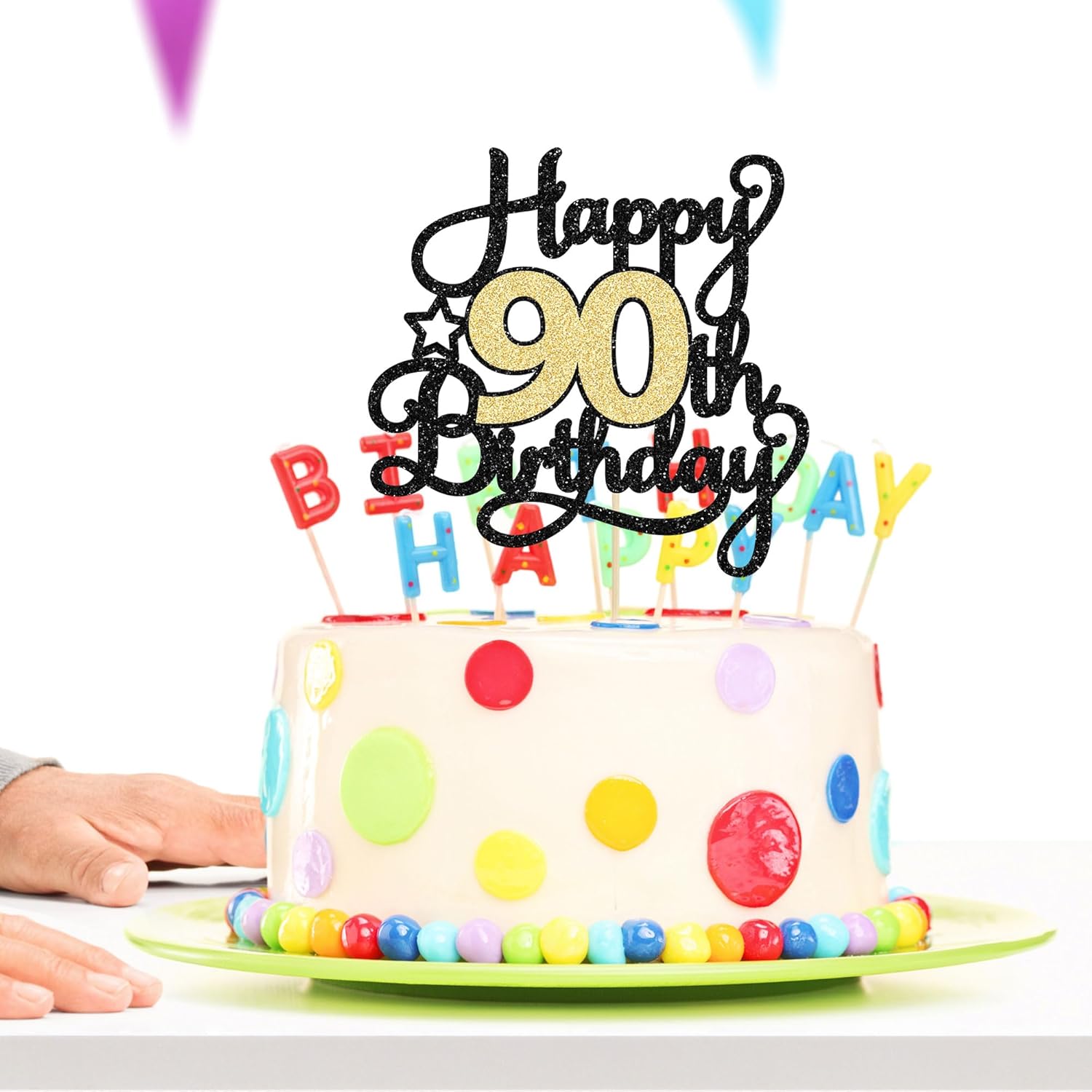1Pc Happy 90th Birthday Cake Topper Black Gold Glitter Cheers to 90 Years Birthday Cake Pick 90 Fabulous Cake Decoration for Happy 90th Birthday Anniversary Party Cake Decorations Supplies - Image 5