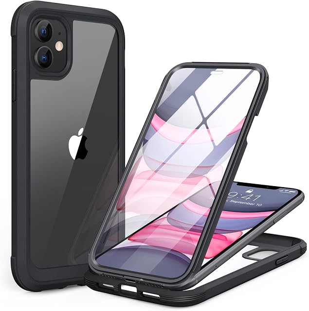 Miracase Glass Case for iPhone 11 6.1 inches, [Built-in Glass Screen Protector] 360 Full Body Shockproof Rubber Bumper Clear Back Phone Case Cover Compatible with iPhone 11 (Black)