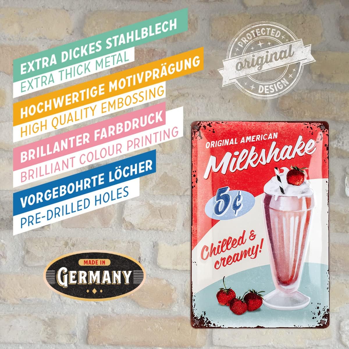 Nostalgic-Art Retro Tin Sign, USA – Milkshake – Gift idea for USA & Diner fans, Metal Plaque, Vintage design for wall decoration, 7.9" x 11.8"