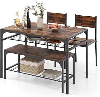 GIANTEX Juego de Mesa de Comedor para 4, Mesa Rectangular con 2 Sillas, 1 Banco, Estantes, Marco de Metal Resistente, Juego de Comedor de 4 Piezas, Comedor, Cocina (Marrón Rústico)
