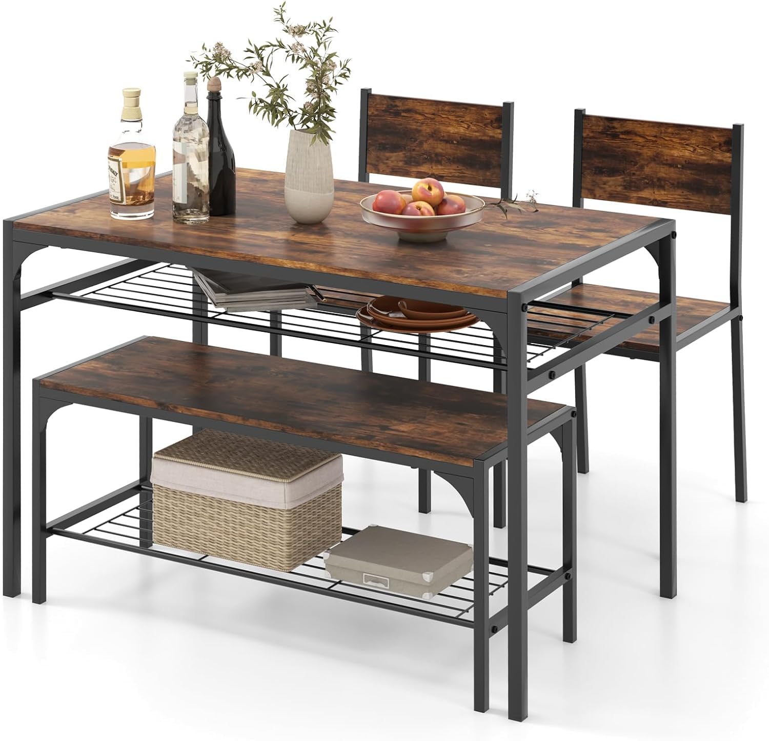 GIANTEX Juego de Mesa de Comedor para 4, Mesa Rectangular con 2 Sillas, 1 Banco, Estantes, Marco de Metal Resistente, Juego de Comedor de 4 Piezas, Comedor, Cocina (Marrón Rústico)