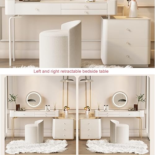 Miniatura 3 de Escritorio de tocador con luces, silla de tocador con espejo redondo, juego de tocador de maquillaje con cajones, mesa de cosméticos de madera